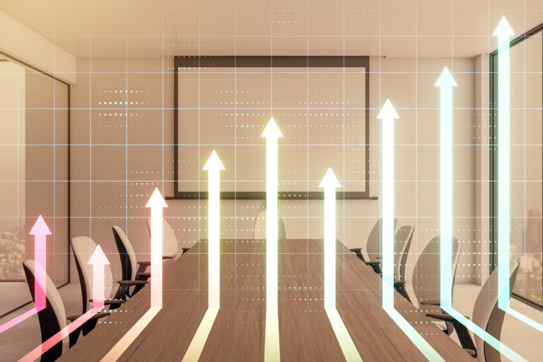 Business growth concept with glowing arrows in conference room background
